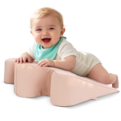 EKEPE 2026 Upgraded Nursing Reflux Prop with Leather Cover for Baby Gas Colic Relief & Burp Memory Foam Tummy Time Prop for Infant 0-12 Months Feeding Neck Shoulder and Body Support - Pink