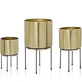 Set of 3 Mid Century Brass Gold Large Planters with Black Metal Stand, Standing Metal Pot for Fig Tree, Snake Plant & Palm, Tall Floor Tree Planter, Modern Decoration for Living Room, Indoor Decor