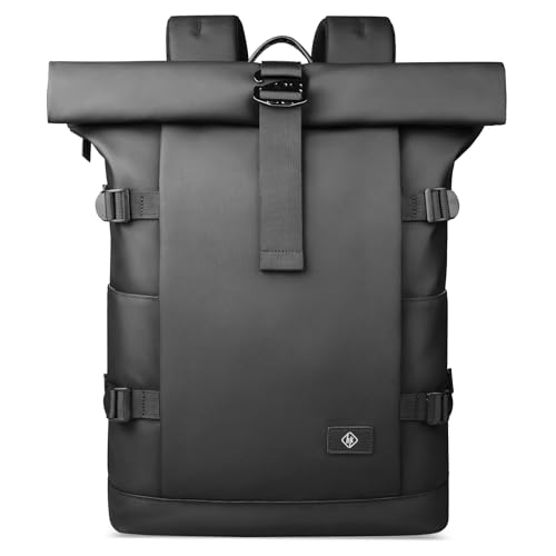 hk Rolltop Rucksack Herren & Damen, 15,6 Zoll Laptop Rucksack Wasserdicht Groß Reiserucksack, Diebstahlsicher Tagesrucksack Rolltop Backpack für Reise Outdoor Uni Arbeit Radfahren, Schwarz