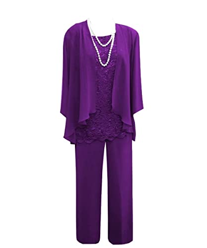 Kajumi Dark Purple Pant Suits For Mother Of The Bride With Sleeves 3 Pieces Lace Appliques Long Plus Size Formal Pants Suits For Women 18 #TOP21