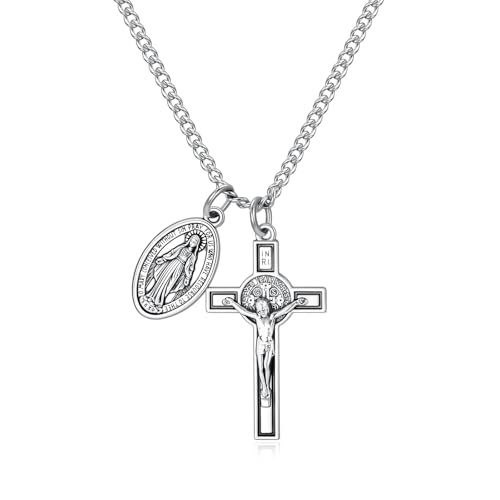 Rnivida Crucifix Cross and Miraculous Medal Pendant Necklace for Men Catholic Cross Necklace Christian Jewelry