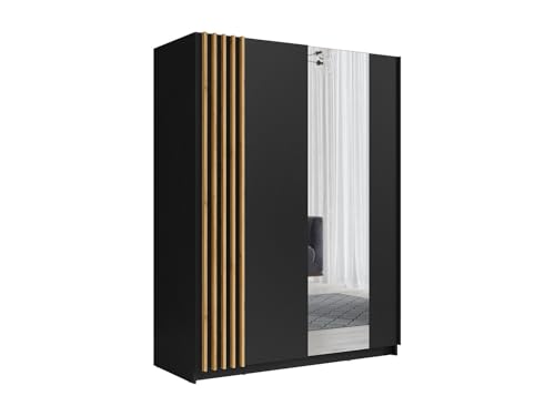Vente-unique - Armoire 2 Portes coulissantes - avec Miroir - L150 cm - Noir et Naturel - CALELA