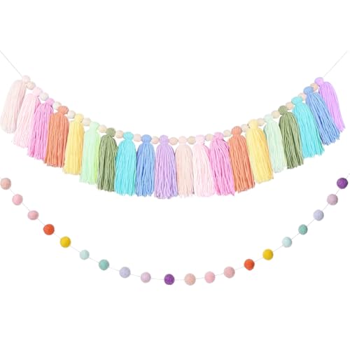 2 PCS Rainbow Boho Tassel Garland, 6.5 Feet Pom Pom Tassel 20 Felt Balls, Colorful Wall Hanging Banner Pastel Fabric Decor for Classroom,Party,Nursery,Wedding,Birthday Party & Home Decoration