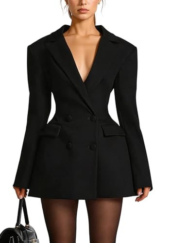 LAJIOJIO Womens Elegant V Neck Lapel Long Sleeve Button Pleated Cocktail Mini Blazer Dress Black