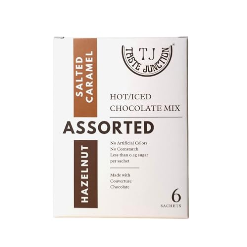 Image of Taste Junction Iced /Hot Chocolate Mix | Hazelnut & Caramel Sea Salt | Assorted Pack | 6 Sachets | <0.2G Sugar | Belgian Chocolate