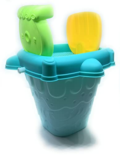6 Piece Fun Beach Toy Sandcastle Bucket with SIFTING LID and Organized Slots for 2 Shovels with 3 Sand MOLDS Great Fun for All Ages (Blue)