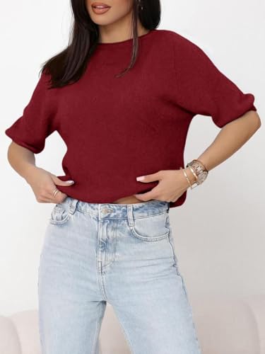 Saodimallsu Womens Short Sleeve Sweater Crew Neck Pullover Summer Lightweight Loose 2025 Knit Tops Dressy Casual Blouse2