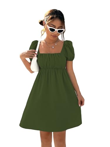 Image of Shasmi Women's & Girl's Dress for Women l One Piece Dress for Women l Beach Dress for Women, Solid Textured Puff Sleeve Square Neck Midi Dress (Dress 115)