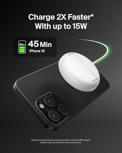 Image of Belkin Qi2 Magnetic Wireless Charging Pad 15W with Pop-Up Stand | MagSafe-Compatible Qi2 Certified Wireless Charger for iPhone 16, 15, 14, 13, Samsung Galaxy S25, S24, AirPods | White