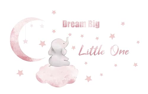 1 Roll Dream Big Little One Elephant Wallpaper Baby Wall Stickers with Stars and Moon Elephant Wall Art for Bedroom Playroom Living Room Baby Room Nursery Decoration