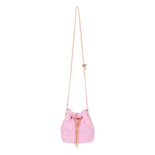 Image of Women Denim Mini Bucket Shoulder Crossbody Bag Drawstring Quilted Distressed Tassel Barrel Shape Satchel Purse