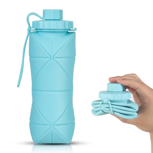 YCTMALL Silicone Collapsible Water Bottles,Lightweight Reusable Leakproof For Traveling Camping Hiking Cycling Sports Outdoor,Foldable Portable Travel Water Bottle 600ML Blue 1Pack.