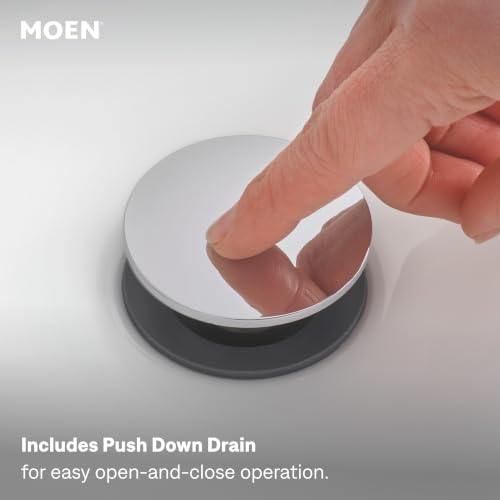 Image of Moen 84023 Ronan Two-Handle Widespread Bathroom Sink Faucet, Valve Included, Chrome, Modern 3-Hole Faucet with Push-Down Drain Assembly