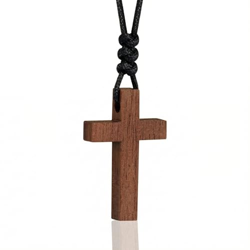 Holy Fringe Natural Walnut Wood Cross Necklace for Men & Women - Wood Cross Pendant Necklace for Car Mirror - Wooden Religious Pendant Jewelry (1.2 x 0.75)