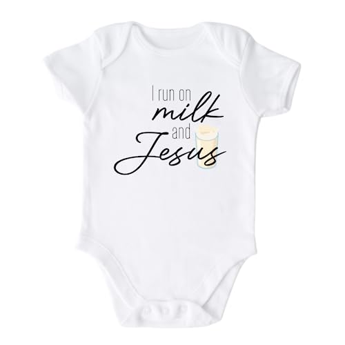 Image of I Run On Milk and Jesus Baby Onesie® Cute Religious Baby Outfit for Baptism I love Jesus 92 (Short Sleeve White, 0-3m)
