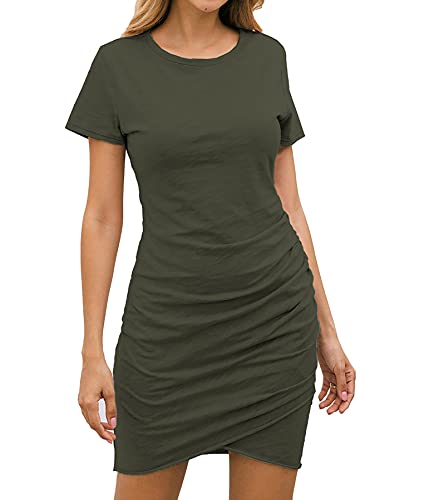 BTFBM Women's 2021 Casual Crew Neck Short Sleeve Ruched Stretchy Bodycon T Shirt Short Mini Dress (Solid Army Green, l)