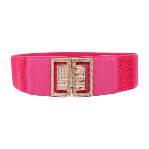 Generic Women Pink Elastic Fashion Belt - Hip High Waist Wide Band Metal Bling Square Buckle S M z0994