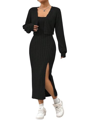 SweatyRocks Zweiteiler Damen Elegant Strickkleid 2 Teiler Trägerkleid Und Strickjacke Set Maxikleider Mit Schlitz Herbstkleid Und Cardigan Herbst...