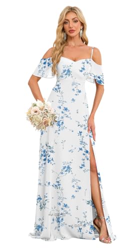 Image of Plus Size Floral Chiffon Bridesmaid Wedding Guest Dresses Off The Shoulder A Line Formal Evening Gowns US16W HGR93