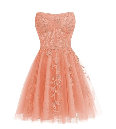KURFACE WSX553 Robe de soirée à col rond avec applique en dentelle sans bretelles pour adolescents, saumon, 38