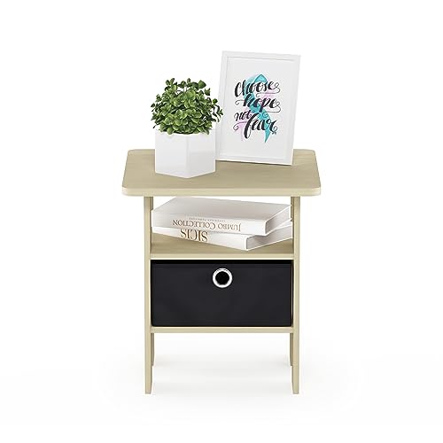 Image of Furinno ANDREY Square Side Table, End Table, Night Stand, Steam Beech | Open Shelves and Storage Bin, Bedside Table, for Living Room, Bedroom