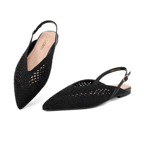 Women's Knit Pointed Toe Slingback Flats - Adjustable Buckle Ballet Flats, Dressy and Comfortable