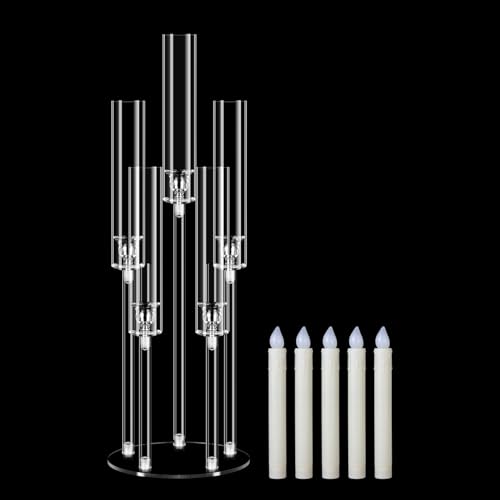 Candelabro Moderno 5 Bracci con Candele LED, Portacandele Alto 68 cm in Acrilico Cristallino, Centrotavola per Matrimonio e Natale, Decorazione per Tavolo Camino con Base e Paralume