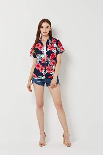SSLR Women's Printed Short Sleeve Casual Button Down Hawaiian Shirt (Large, Navy(668-65))