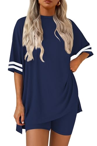 Image of Ekouaer Womens Pajamas Casual 2 Piece Short Sleeve Biker Shorts Lounge Set