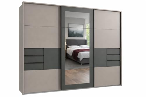 Schwebetürenschrank Kleiderschrank 3-türig B273/H213/T64 cm in Sand Grau mit Passepartout in Grafit, Rahmenspiegeltür, 2 Türen mit Ausschnitt für je 3 Schubladen, Einlegeböden, Kleiderstangen / 22508