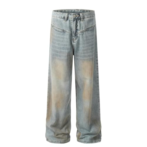 Jeans Pants Trousers Denim Trendy Street Spray Color Washed Blue Loose Casual Commuting Straight Leg for Men3