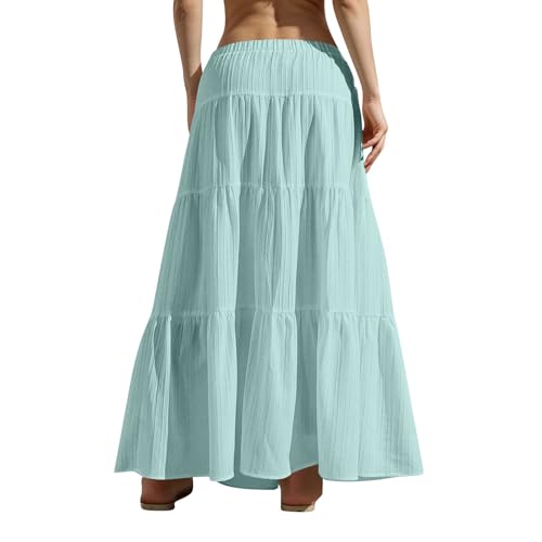 2025 Maxi Skirts for Women Boho Flowy Swing Tiered A-Line Skirt Casual Drawstring Elastic High Waist Pleated Skirts4