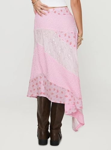 Women Y2K Maxi Skirt Coquette Hight Waist Lace Patchwork Irregular Hem Flowy Midi Skirts Summer Vacation Beachwear3