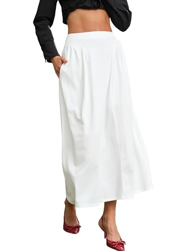 Women's Casual A Line Midi Skirt High Waisted Curved Gathering Flowy Long Skirts with Pockets