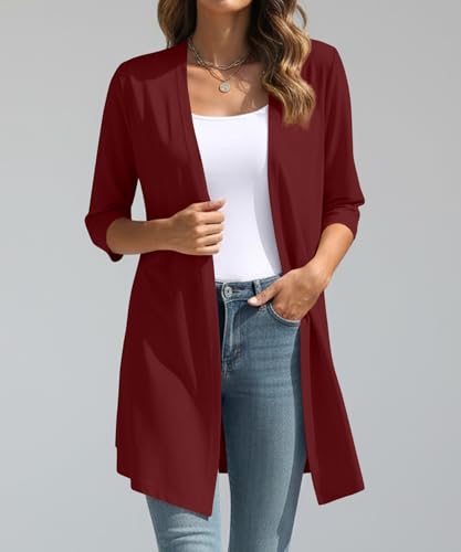 Image of YSYOKOW Womens Open Front Long Cardigan 3 /4 Sleeve Lightweight Knit Cardigan Casual Layering Spring Summer