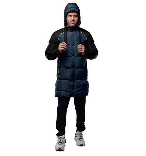 Image of URBAN BUCK Mens Puffer Jacket with Hood Midweight Lonnie Blue Long Parka Winter Recycled Down Men Ski Coat (M)