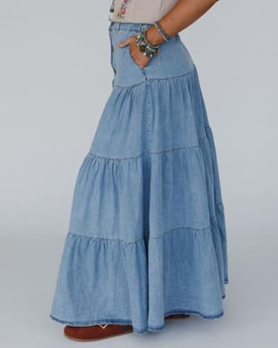 SCOFEEL Women's High Waist Denim Long Skirt Button Down Pleated A-Line Flowy Loose Ruffle Tiered Maxi Skirts4