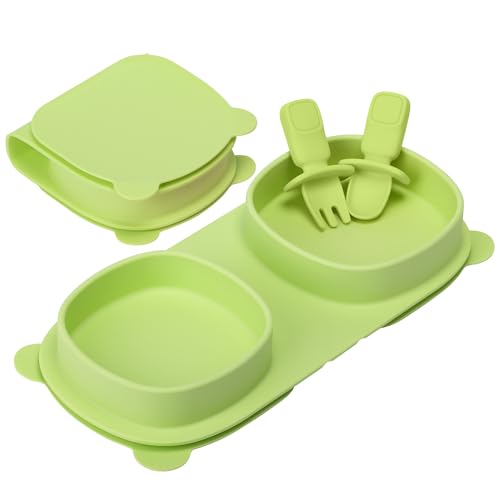 Image of yahaa Baby Plates with Suction with Forks and Spoons,Foldable Silicone Toddler Plates,Baby Travel Essential,Microwave & Dishwasher Safe,Green