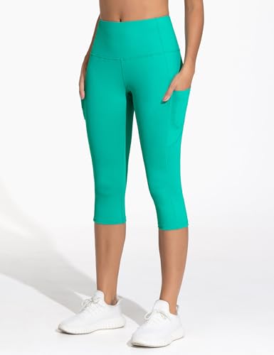 Image of THE GYM PEOPLE Thick High Waist Capris Yoga Pants with Pockets, Tummy Control Workout Running Yoga Leggings for Women