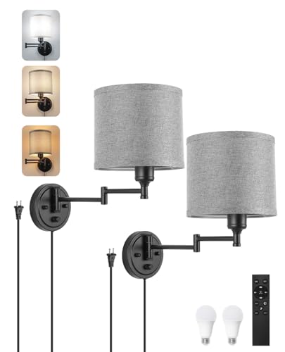 Image of Plug in Wall Sconces with Remote Control, Dimming 10%-100% & Adjustable Colors 2700K-6500K, Hardwire or Plug-in, Swing Arm Wall Lamp with Gray Fabric Shade, Wall Sconces Set of Two, Black Finish