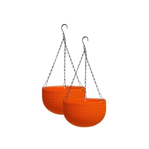 Image of EcoEverGreen Set of 2 Plastic Hanging Planters with Chain| Round Flower Pots for Indoor & Outdoor Gardening | Lightweight & Durable Decorative Hanging Baskets for Balcony, Garden (Orange, 7INCH)