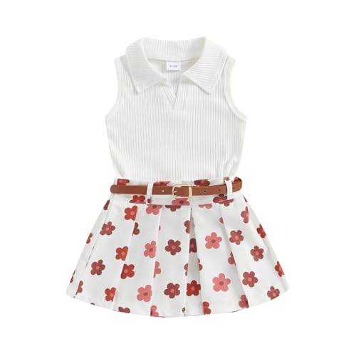 Image of BeQeuewll Kids Girls Back to School Outfit Apple Dress Lapel Tank Vest+Pleated Skirt 2Pcs Pre K First Day of School Outfit