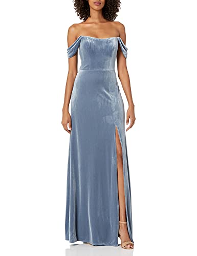 Jenny Yoo Women's ISSA Off The Shoulder Scoop Neck Velvet Dress, Bluestone, 10