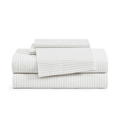 Image of Tommy Hilfiger - Full Size Sheet Set, Crisp & Tailored Cooling Sheets with a Smooth Cotton Percale Lightweight Feel - Bed Sheets with Matching Pillowcases & Fitted Sheet (Monogram Stripe Grey)
