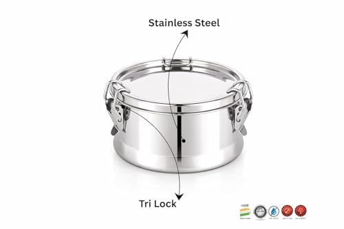 Image of Stainless Steel Leakproof Tri-Lock Lunch Box, Airtight Tiffin Box, Spill-Proof Mini Snack Container | Compact Snack Box for Kids & Adults, Office & School Use(Silver-500ml)