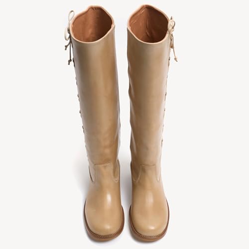 Knee High Boots for Women Round Toe Chunky Low Heel Booties Side Lace Pull On Long Tall Fashion Winter Boots4