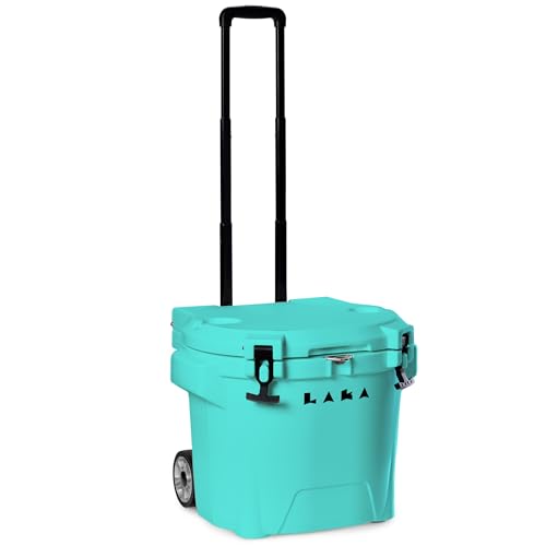 Image of Laka Cooler with Wheels - 30QT Rotomolded Insulated Rolling Hard Cooler, Telescoping Handle, Holds 24 Cans + Ice, Up to 7 Days Cold, Drain Plug, Cup Holders + Bottle Opener, Beach /Camping /Boat