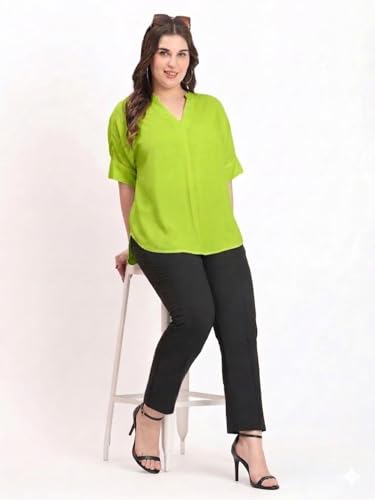 Image of SINDOORI Relaxed Fit Tops for Women Plus Size Solid Printed Mandarin Collar, Band Collar, V-Neck Top, Half Sleeve Loose Fit