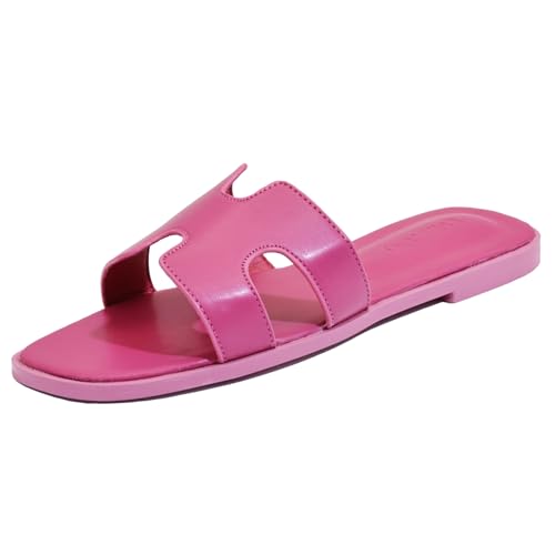 Women's Flat Sandals, Ladies Slip on Leather Slippers, Comfy Dressy Flat Shoes Elegant Slides Summer Fall Spring Cute Open Toe Casual Wear