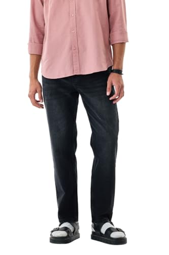 Image of SNITCH Men Casual Jeans | Relaxed Fit Straight Leg Washed Pattern & Drawstring Closure | 100% Cotton Denim Fabric for All Day Comfort & Everyday Wear